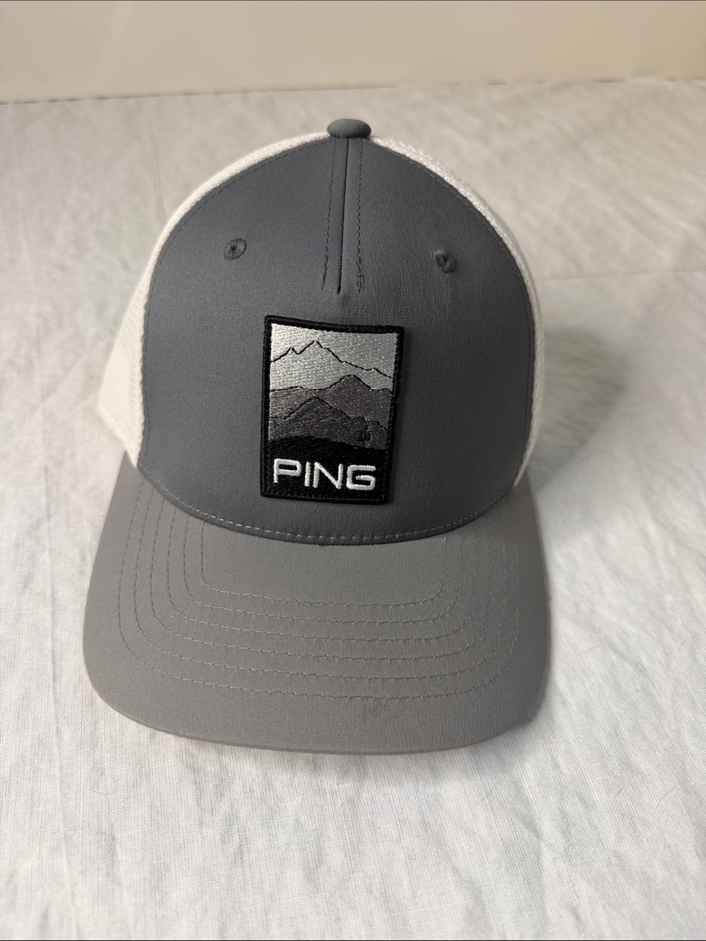 NWOT New PING Gray Trucker Hat White Mesh adjustable snap back